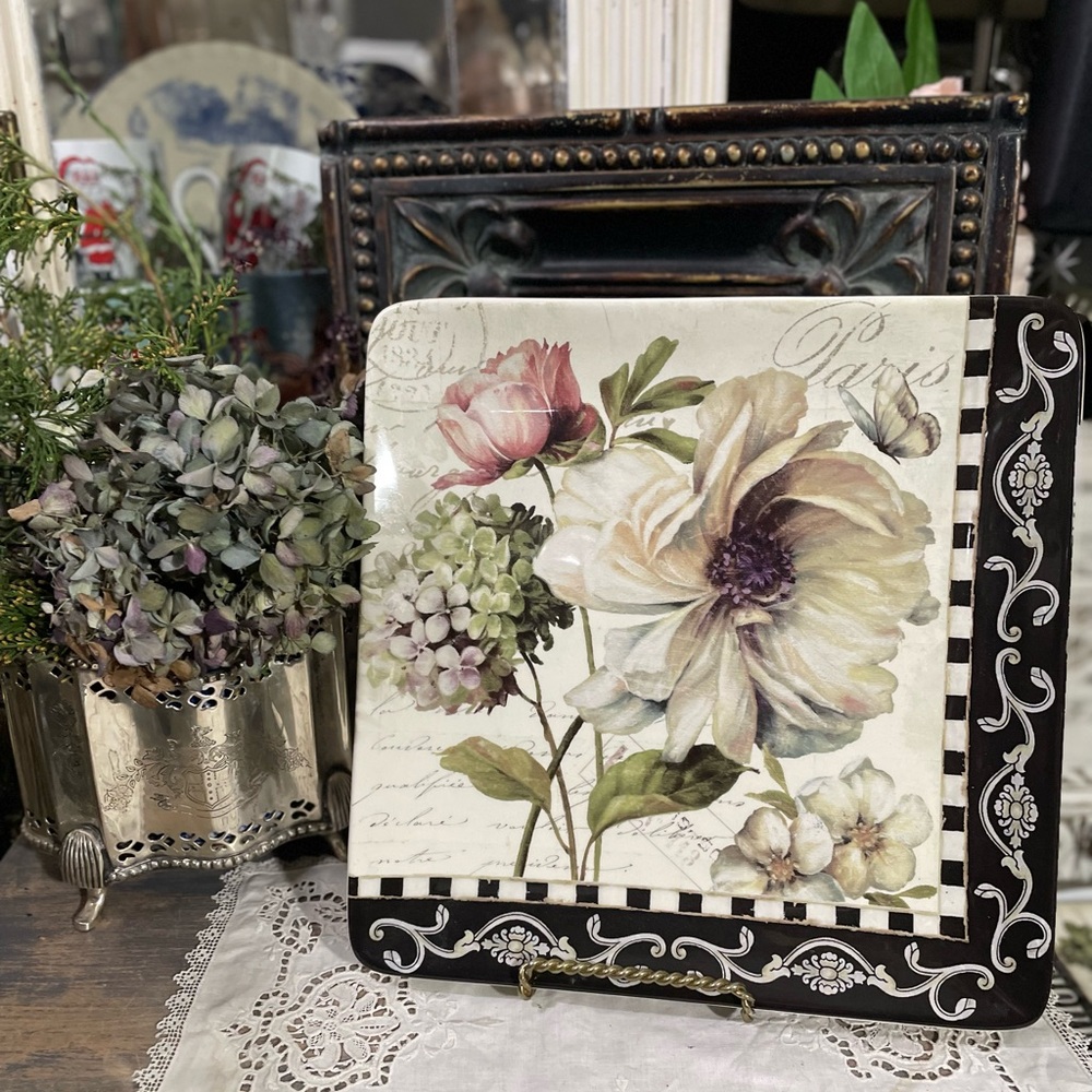 Certified International ivory floral ceramic d'Fleur square plate French Country